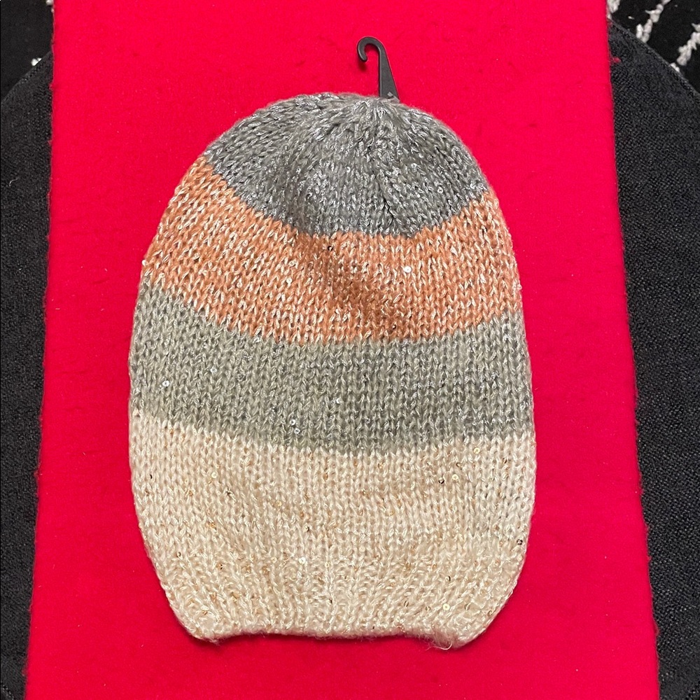 Cozy Knit Beanie in Gray, Orange, and Cream